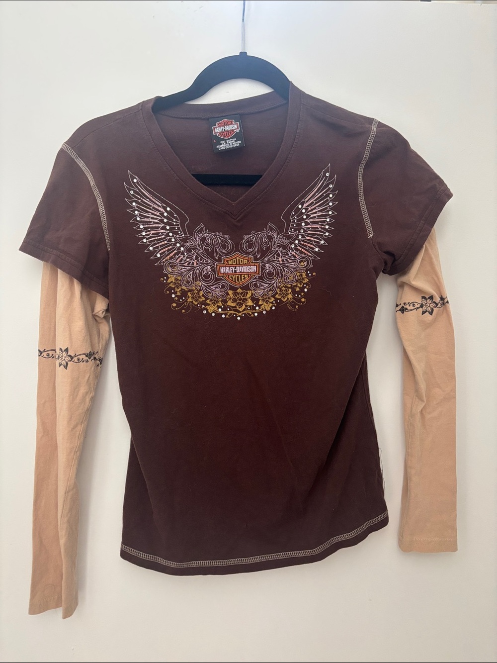 Harley-Davidson Brown V-Neck Layered-Look Top with Tan Sleeves